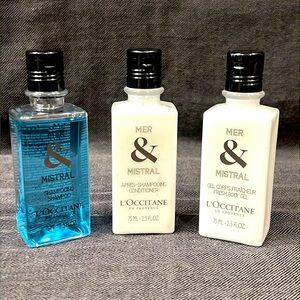 L'Occitane Mer & Mistral shampoo, conditioner and  fresh body gel. Travel Set